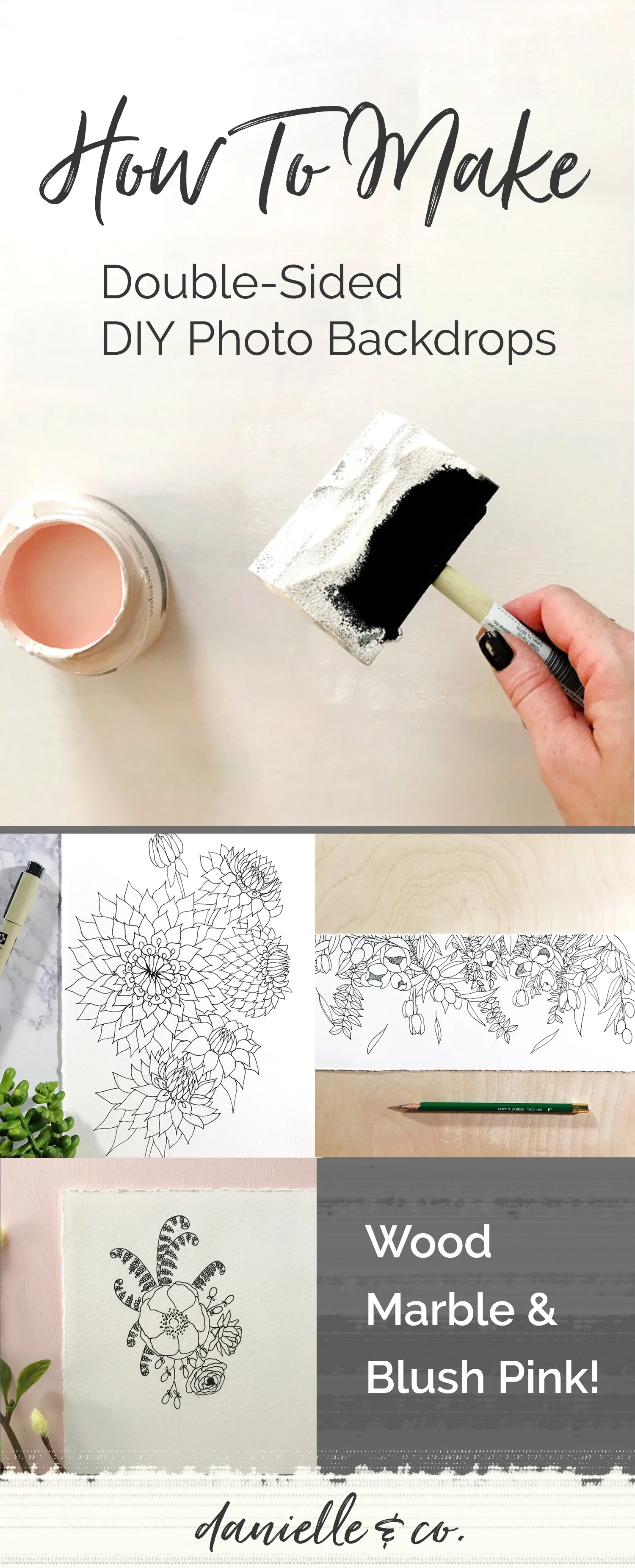 How to make double-sided, DIY photobackdrops for your artwork, crafts, and other products! Create three different backdrops in white marble, pink, and pine wood for less than $27! For more info, check out danielleandco.com.