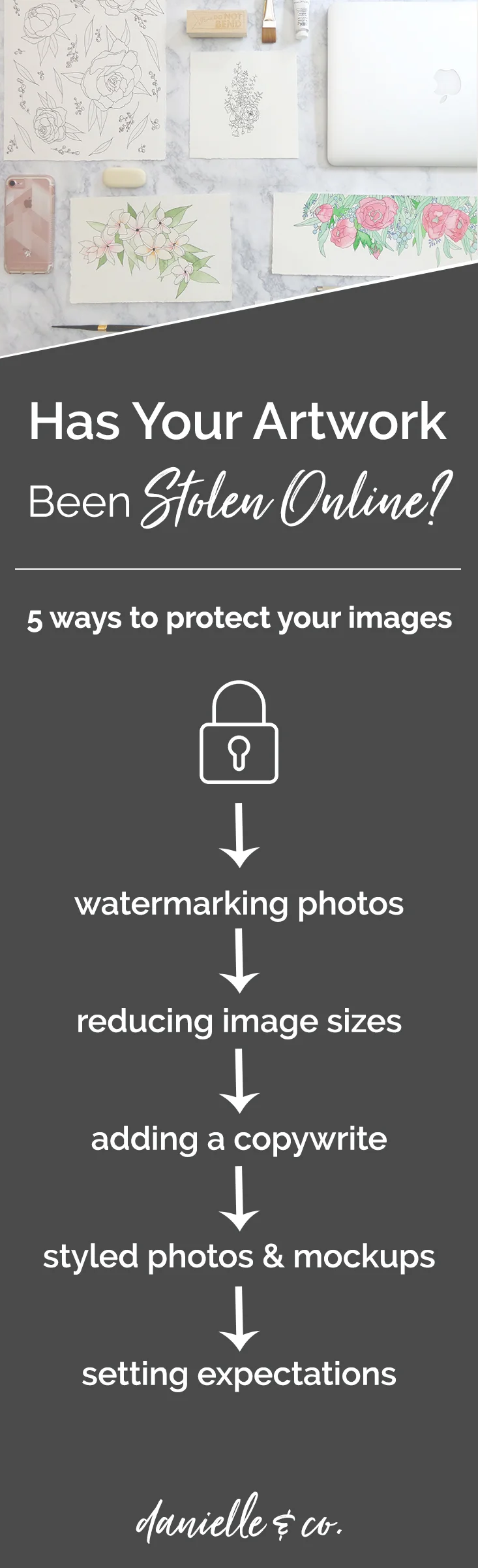 Are your photographs and art images at risk of being stolen online? Check out these five strategies for protecting your images on danielleandco.com + a video tutorial on two ways to easily add a watermark to your photos!