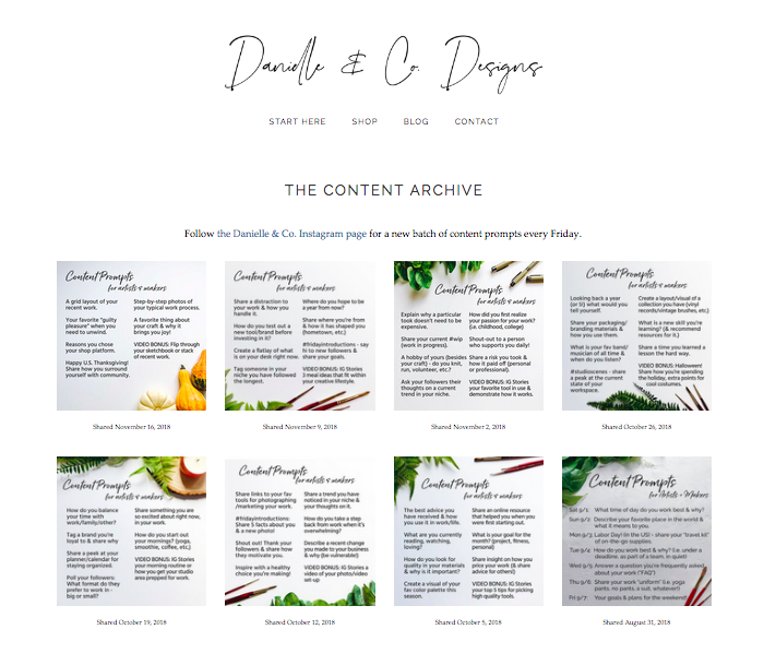 The Content Archive page is a collection of weekly content prompts from the danielleandcopaints Instagram account. New content prompts are posted on Instagram every Friday, but the whole collection lives on here at danielleandco.com!