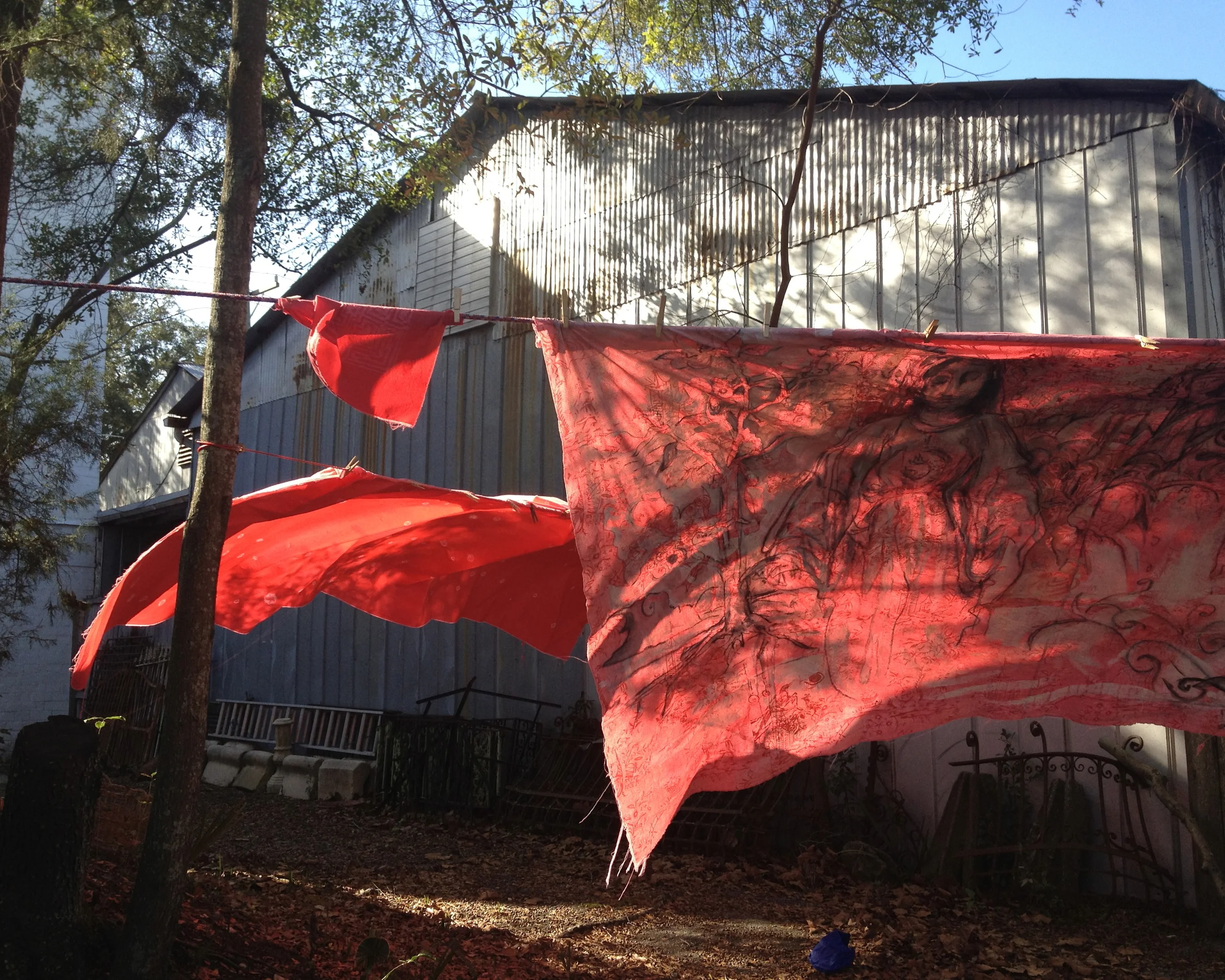 Red Pearl River componants on the clothesline in the studio garden