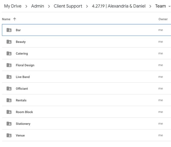 Here is an example of the Google Drive with a team listed out.