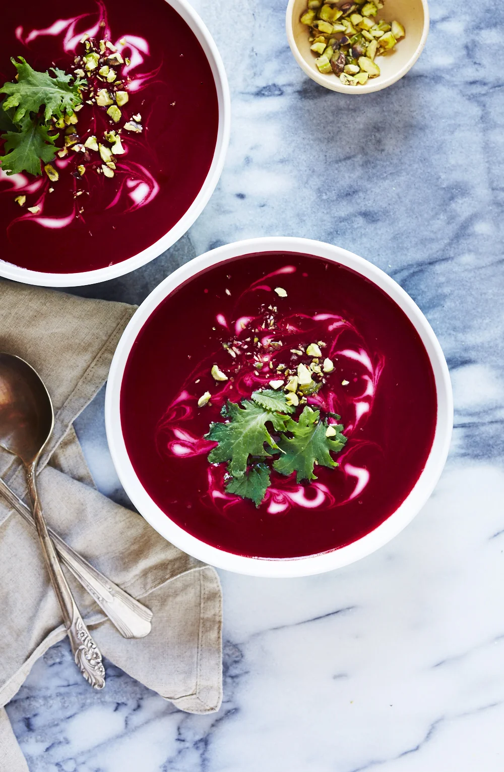 Creamy Beet, Fennel & Parsnip Soup With Pistachio And Cream Fraiche