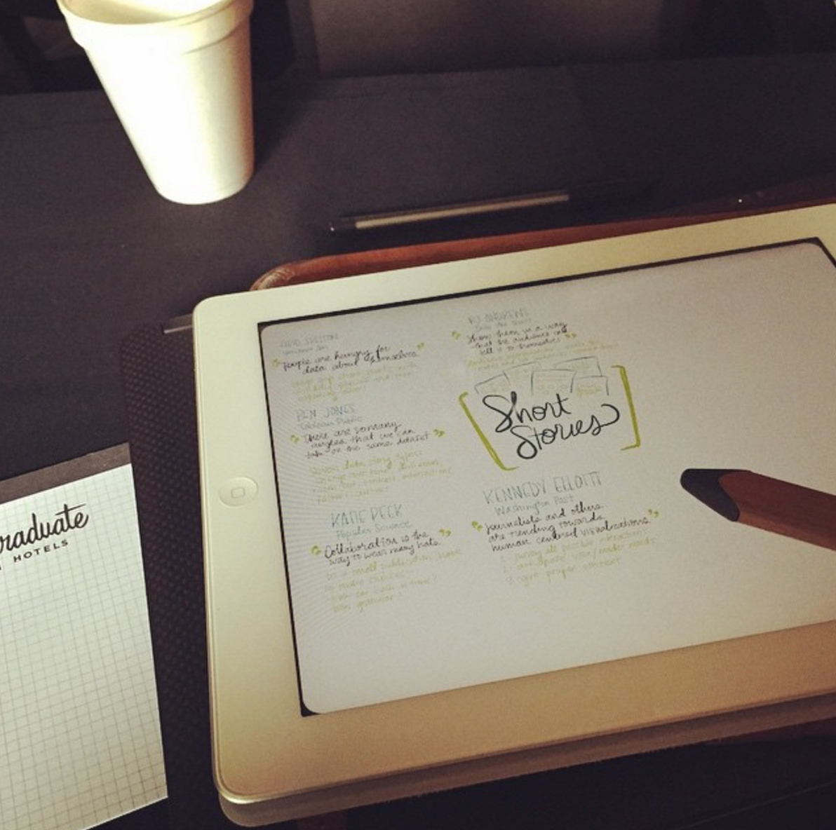 In March I attended my first Tapestry Conference , where I heard amazing data storytellers like Hannah Fairfield share their secrets. I can't wait to go back in 2016! All of my sketches can be viewed on the Tapestry blog . This photo also reminds me that I went through three iPads in one year (upgraded to the iPad air 2 before knowing about the Pro). 