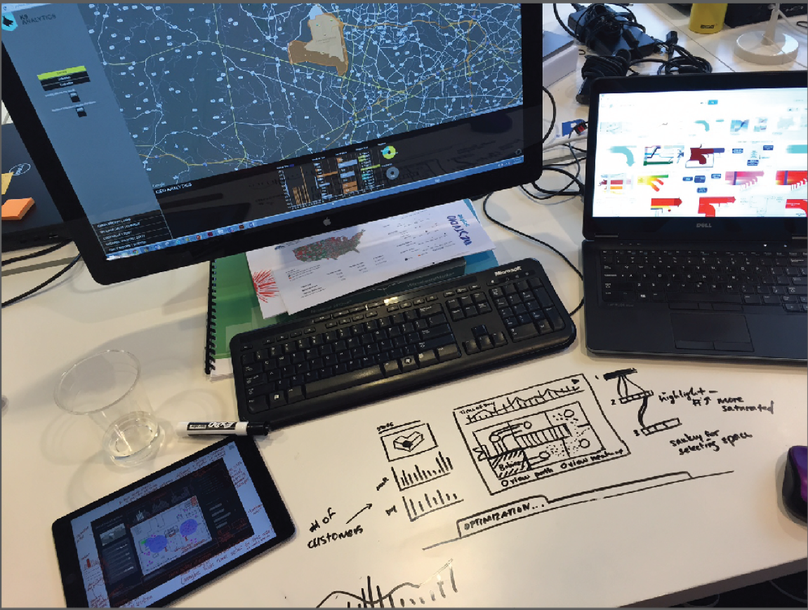 Digital prototyping and ideation. I pull inspiration from geospatial analytics applications and smaller scale visualizations to ensure that the solution is the right blend of familiar, intuitive, and detailed. 