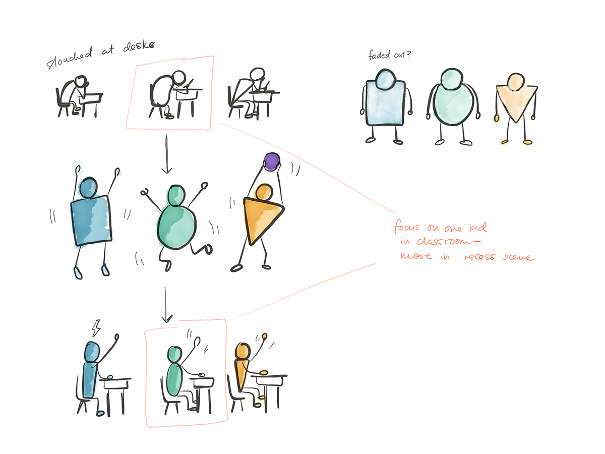  Figure Style exploration to show contrast between classroom and recess environments 