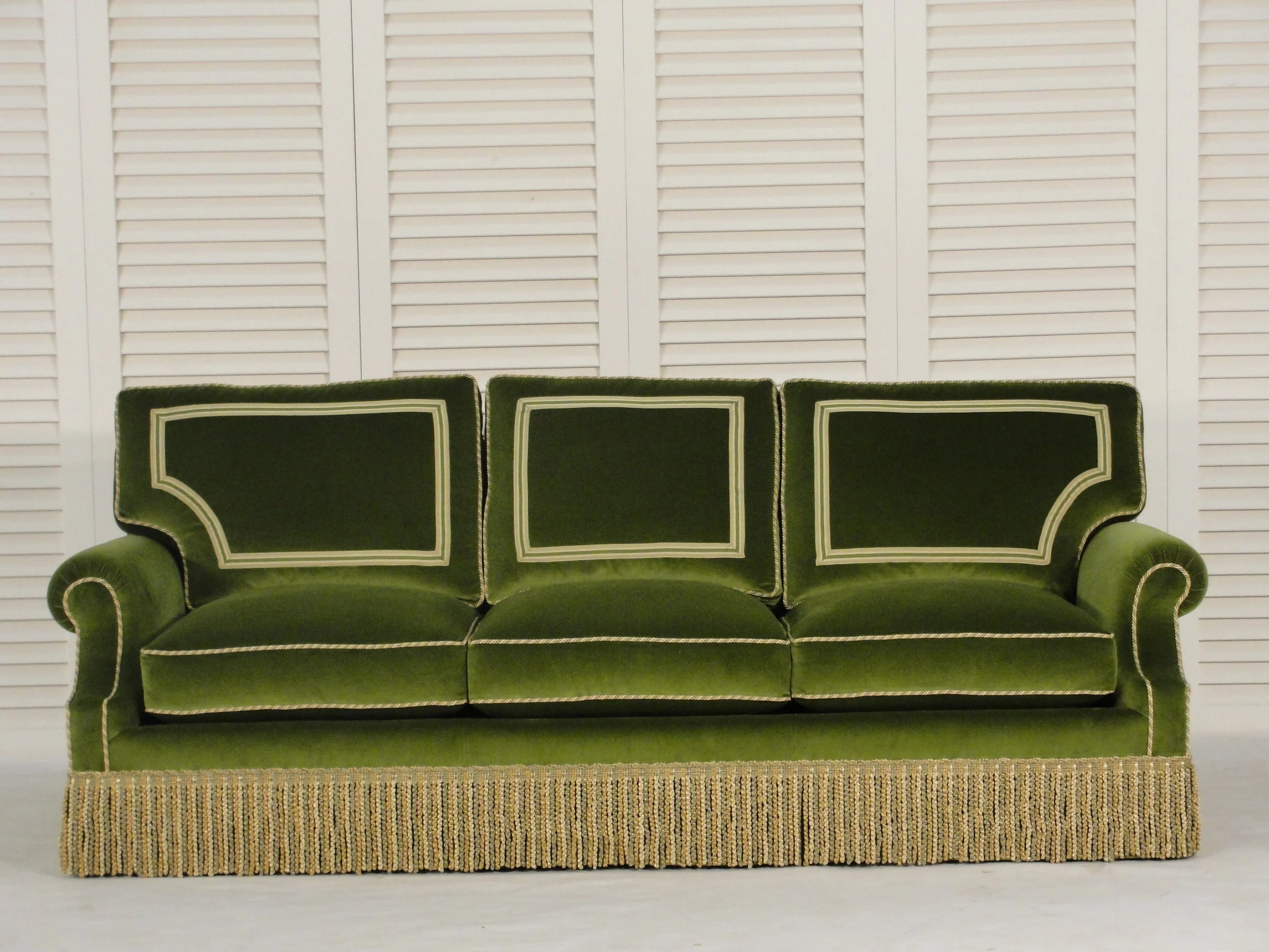 Green Velvet Sofa with Picture Frame Tape Miter Detail & Bullion Application
