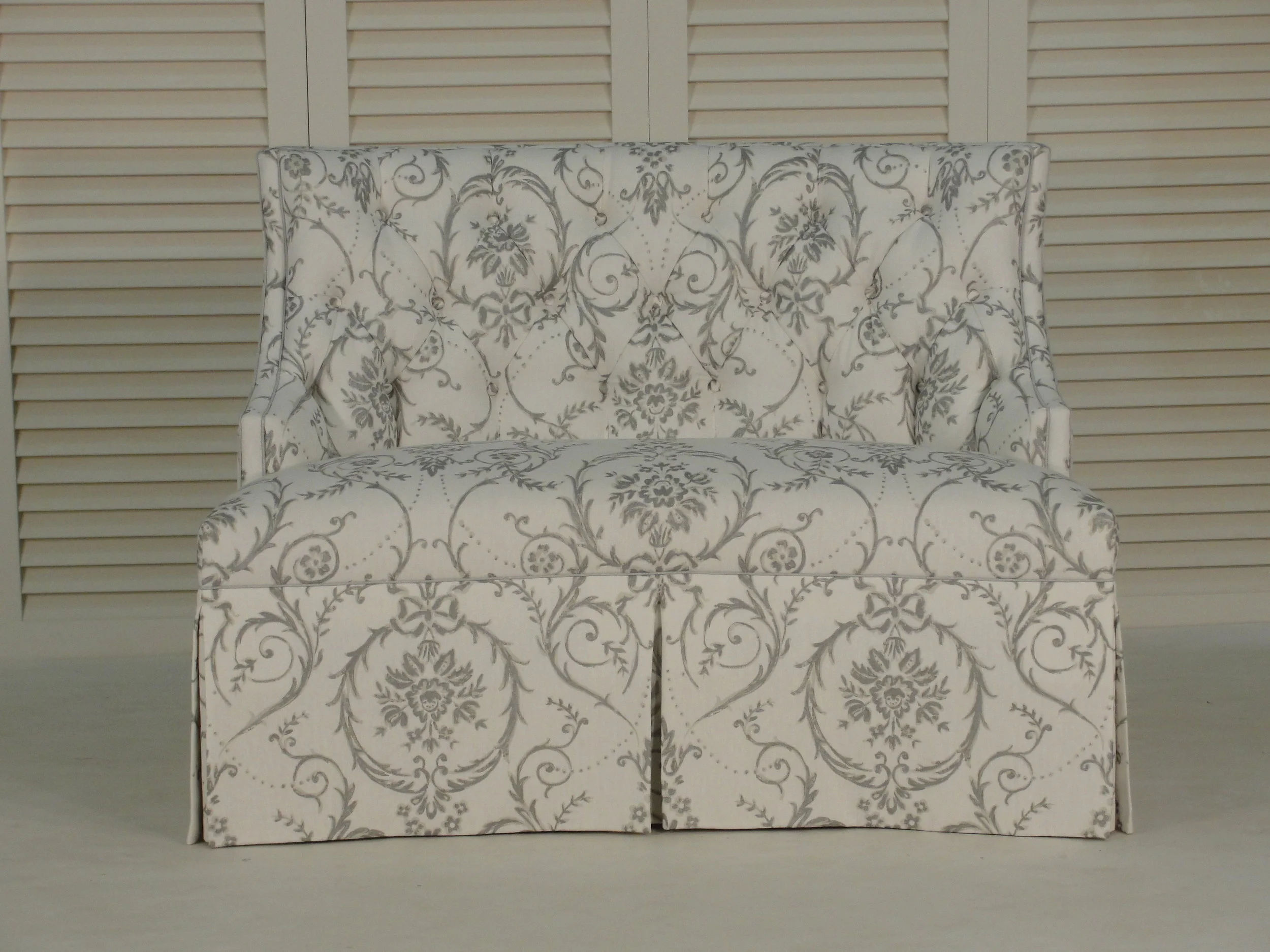 Custom Settee with Lumbar Pillow, Fabric Pattern Matching