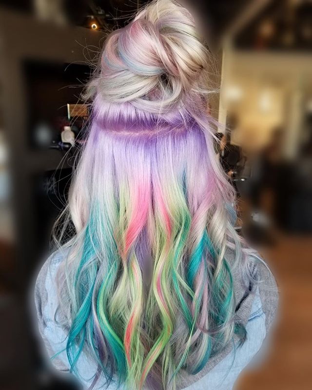 Another look at Alyssa's creation. ❤️A Mix of pastels and neons #hair #yeghair #mousybrowns#pulpriothair #edmonton #yeg #fun #creative #expressive #modernsalon #behindthechair