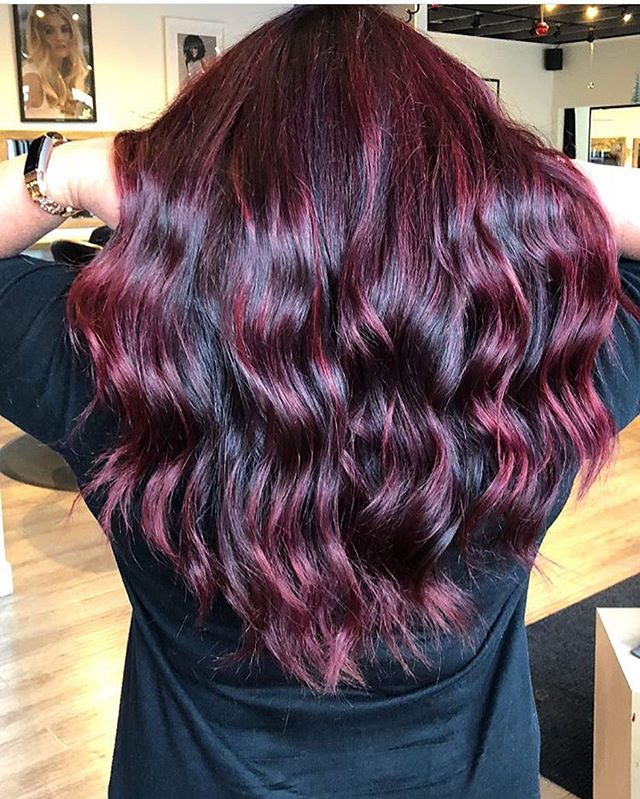 ❤️ this deep black cherry by Paige. 🍒 #pulpriothair #colour #oldstrathcona #yeghair #hair #blackcherry #dark #purple #hairfordays #modernsalon #bumbleandbumble #alterna