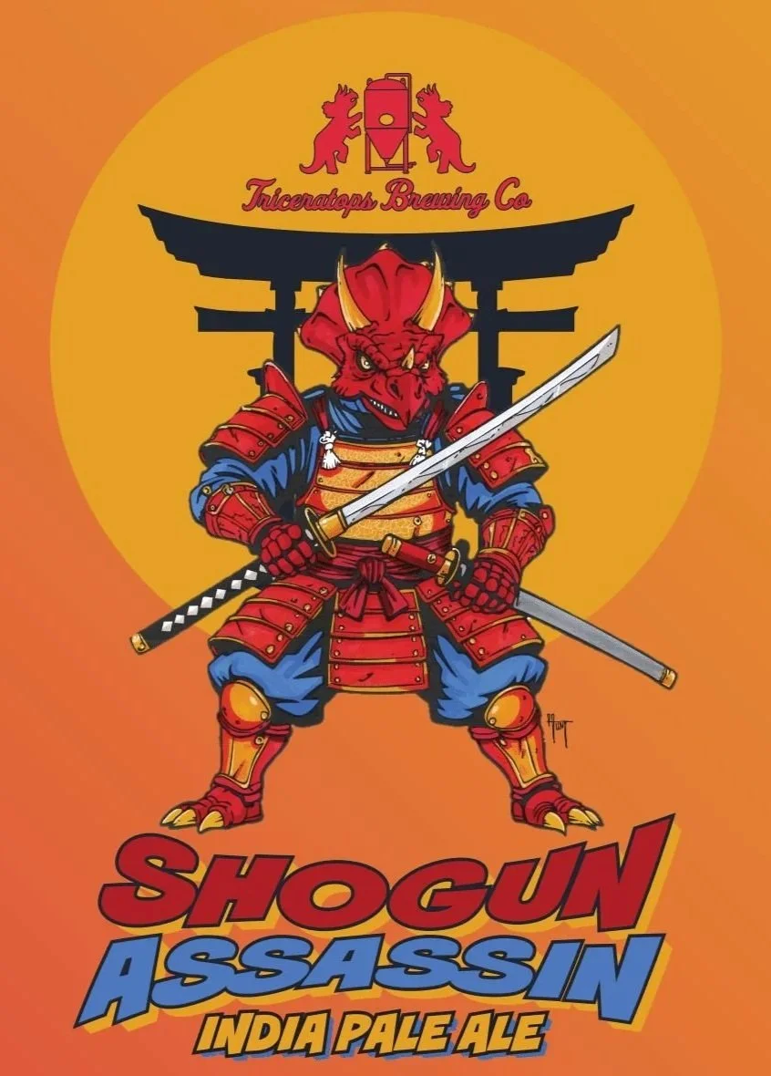 A cartoon dinosaur dressed as a samurai warrior, holding a katana, standing in front of a Japanese torii gate with a Triceratops Brewing Company logo and the text "Shogun Assassin India Pale Ale".