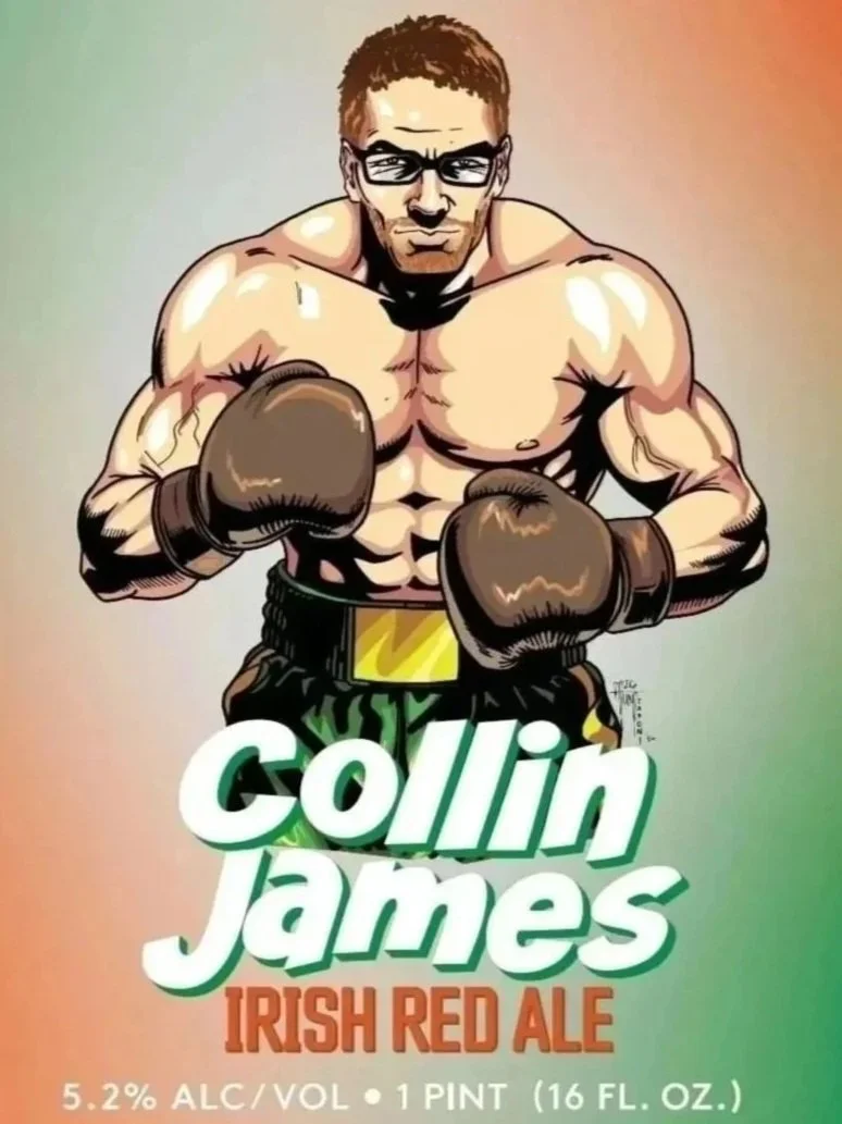 A cartoon illustration of a muscular man with glasses in a boxing stance, wearing gloves, shorts, and a belt, with text "Collin James Irish Red Ale" and details about the beer's alcohol content and volume.
