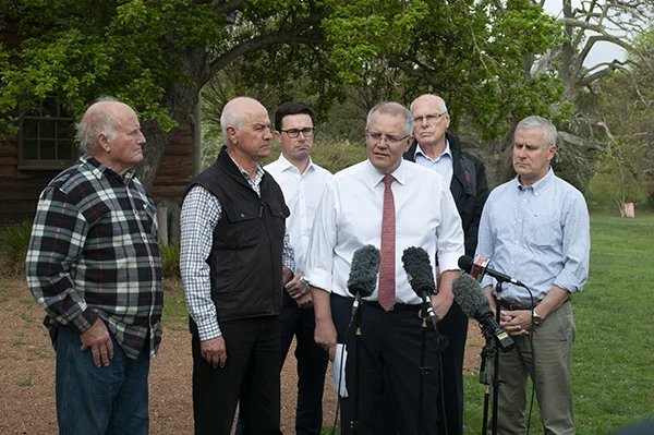 Prime Minister Scott Morrison addresses the crowd at Mulloon Creek Natural Farms this morning, with (left to right): Peter Andrews OAM, Gary Nairn AO, Minister for Agriculture & Water Resources David Littleproud, Senator Jim Molan and Deputy PM Michael McCormack.