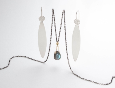 Terrestrial Delight Slice of Life earrings and 14k and silver labradorite necklace
