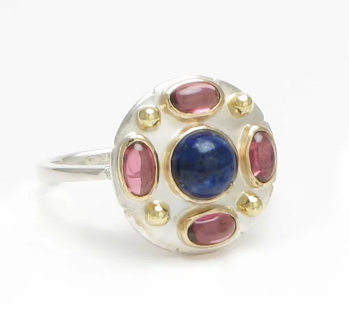 Sodalite and garnet ring set in 14k gold and silver. Size 7. $340 on sale