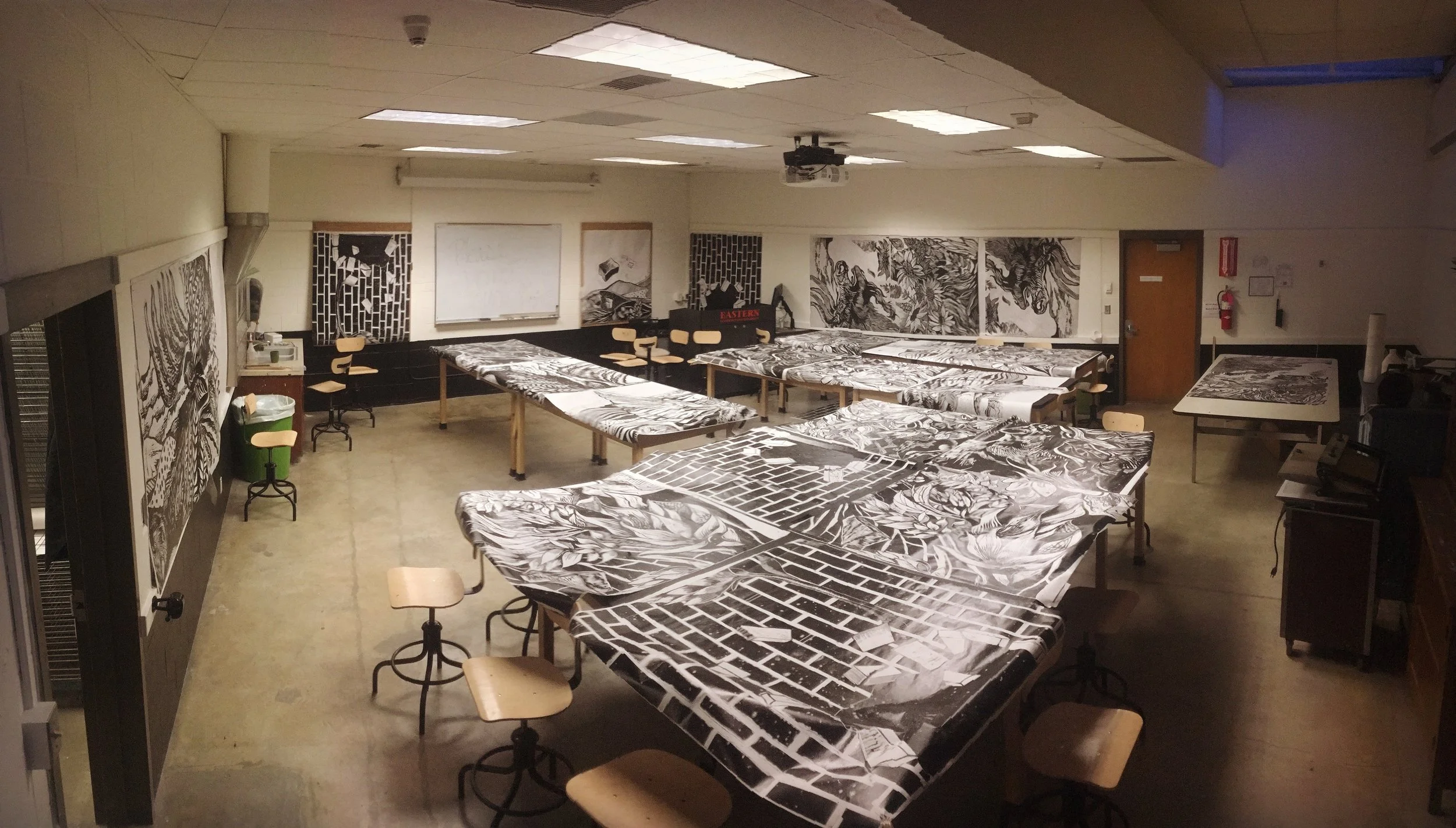 Part of the hand printed papers drying during Spring Break