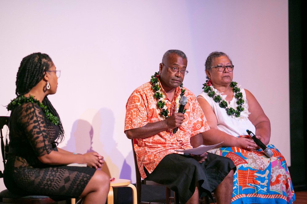  Dr. Akiemi Glenn, Dr. Ponipate Rokolekutu and Dr. Luafata Simanu-Klutz discuss  Blackbird  and the legacy of Pacific slavery. Photo: Shuzo Uemoto 