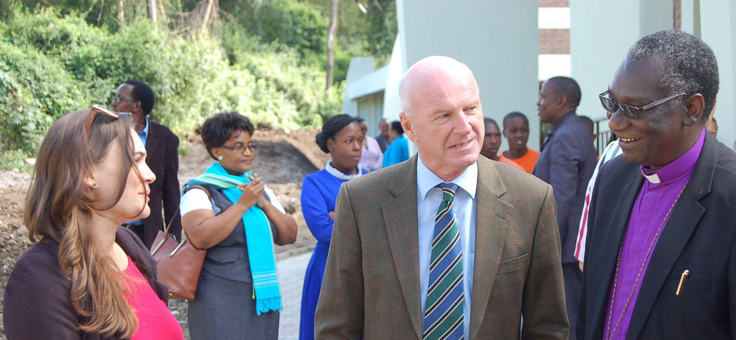  From L to R: Alexa du Plessis, EU Programme Officer, Roeland van der Geer, EU Ambassador to Tanzania and Bishop Dr. Fredrick Shoo, Presiding Bishop of the ELCT having a discussion during the CAC open house just before the Dedication Ceremony. 