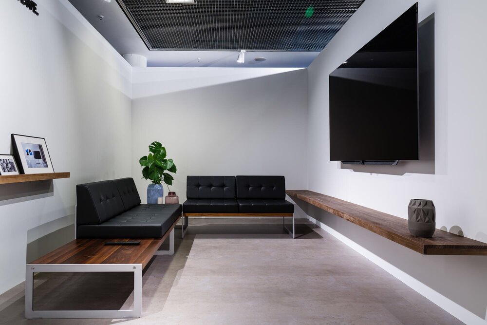 One-point perspective TV room