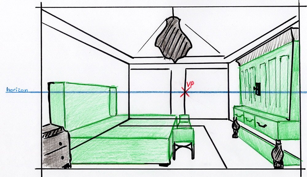 Drawing the missing pieces of this trace. Black parts were traced, green parts were drawn in later, following one-point perspective rules. Note the VP to work out all the angles. 
