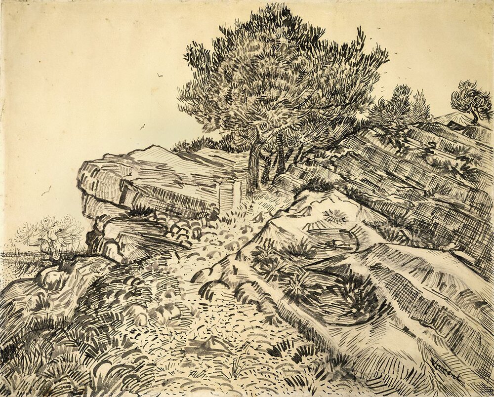 The rock of Montmajour with pine trees by Vincent van Gogh