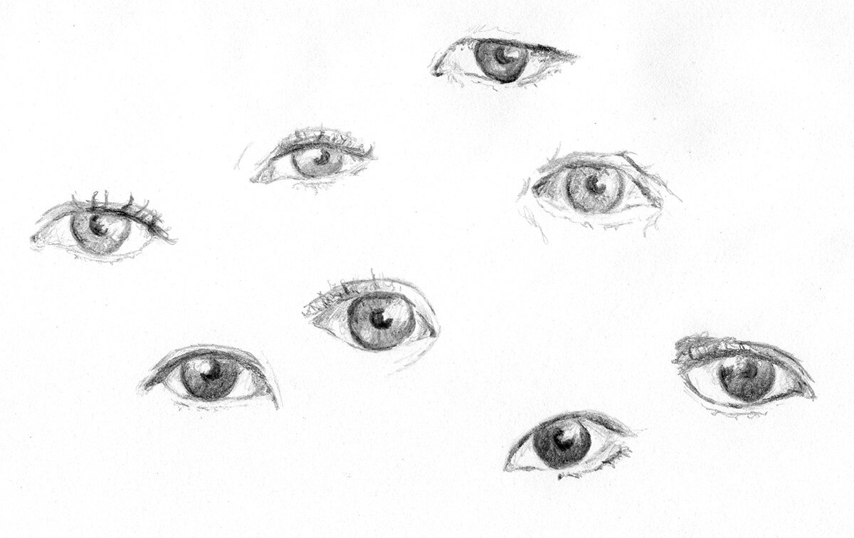 Different shapes of eyes as part of a drawing exercise for beginners, called “Many ways lead to Rome”