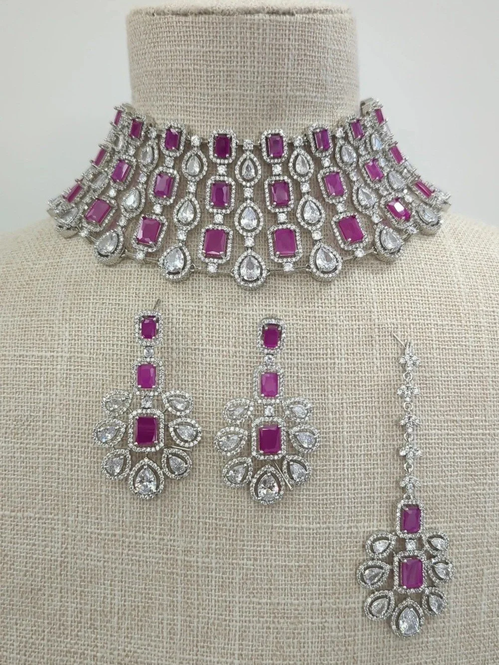 Ruby Pink Silver Indian Asian American Diamond Choker Necklace Jewellery Set Wedding Bridal