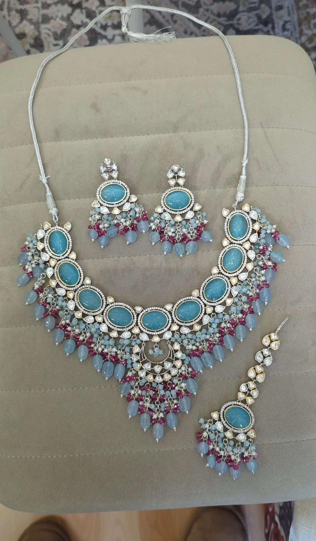 Turquoise Blue Gold Silver Moissanite Neckline Jewellery Set