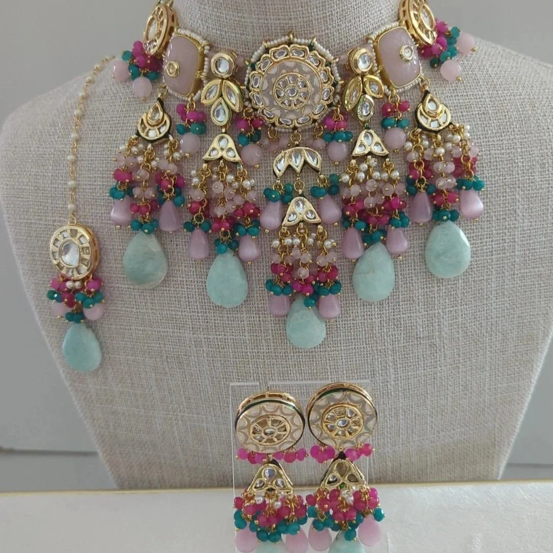 Baby Pink and Baby Blue Indian Asian Pearl Choker Necklace Jewellery Jewelry Set