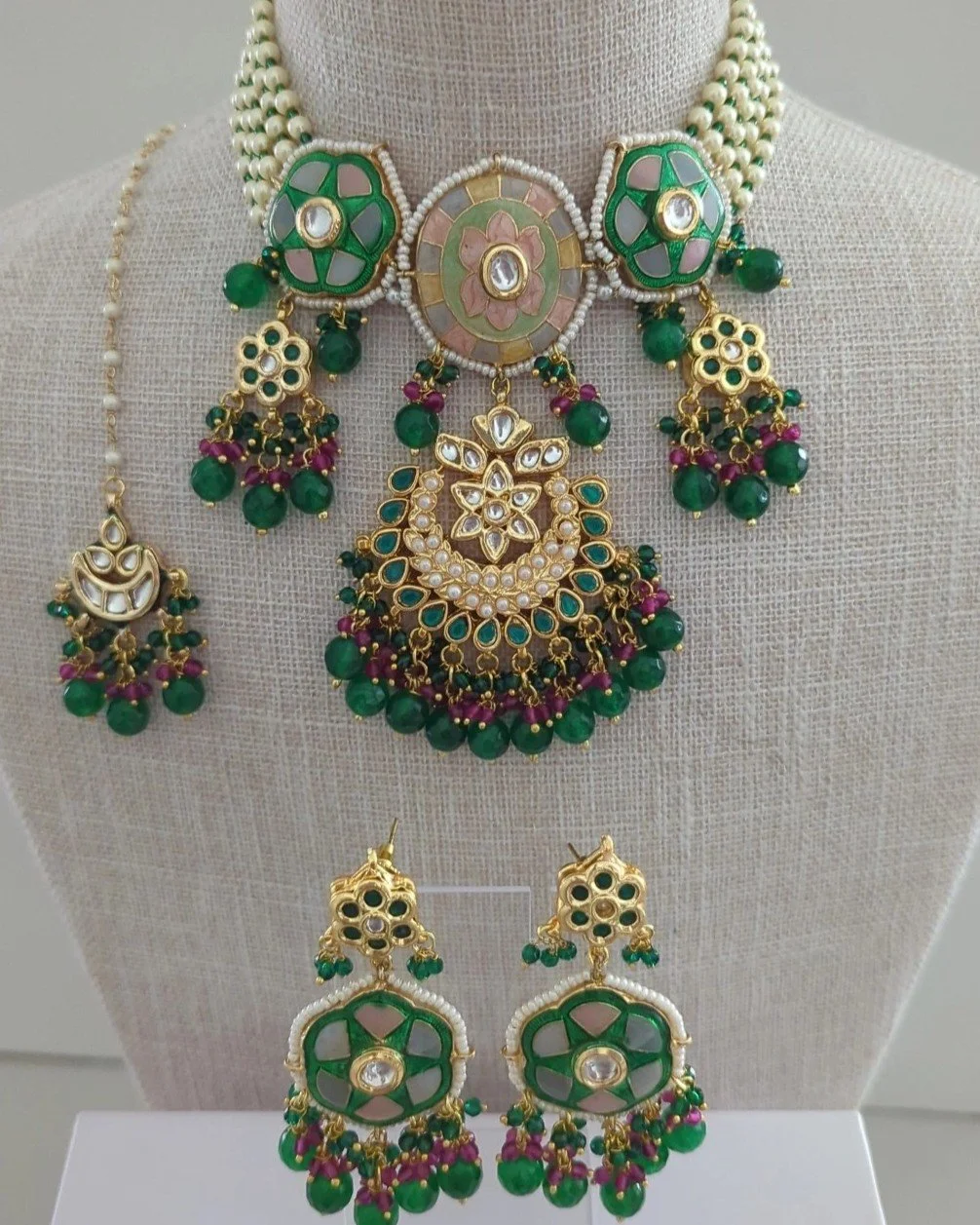 Ruby Pink Pastel Meenakari Flexible Choker Necklace Jewellery Set