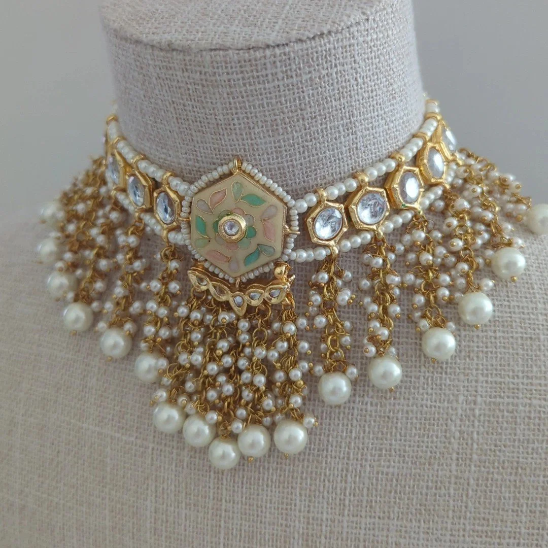 Flexible Indian Asian Pastel Ivory Meenakari Kundan Choker Necklace Jewellery Jewelry Set