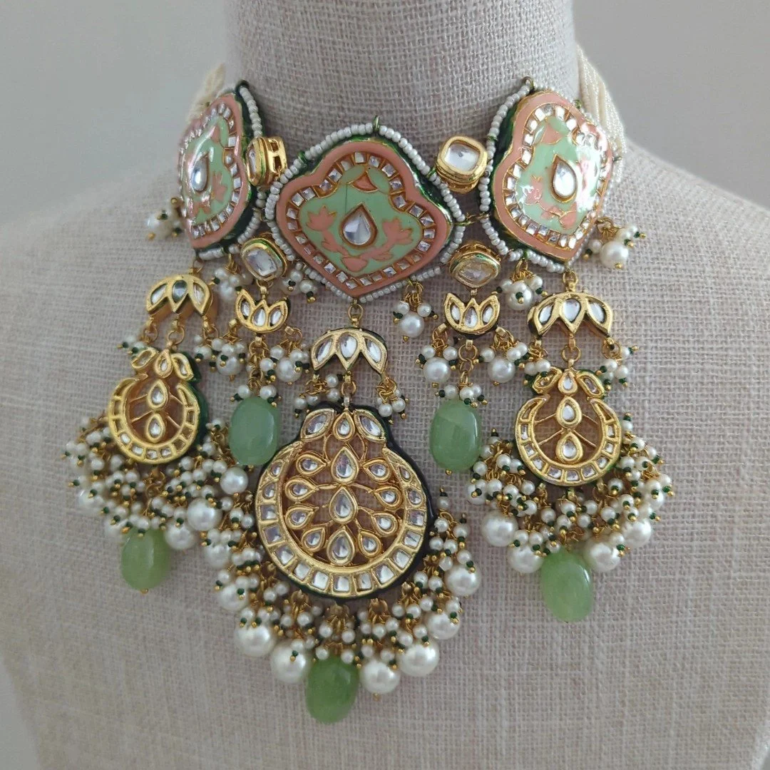 Mint Indian Asian Meenakari Kundan Choker Necklace Jewellery Jewelry Set