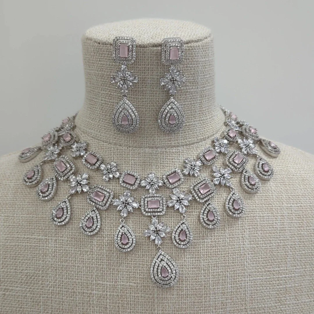Baby Pink Silver American Diamond Necklace Jewellery Set Wedding Bridal Party