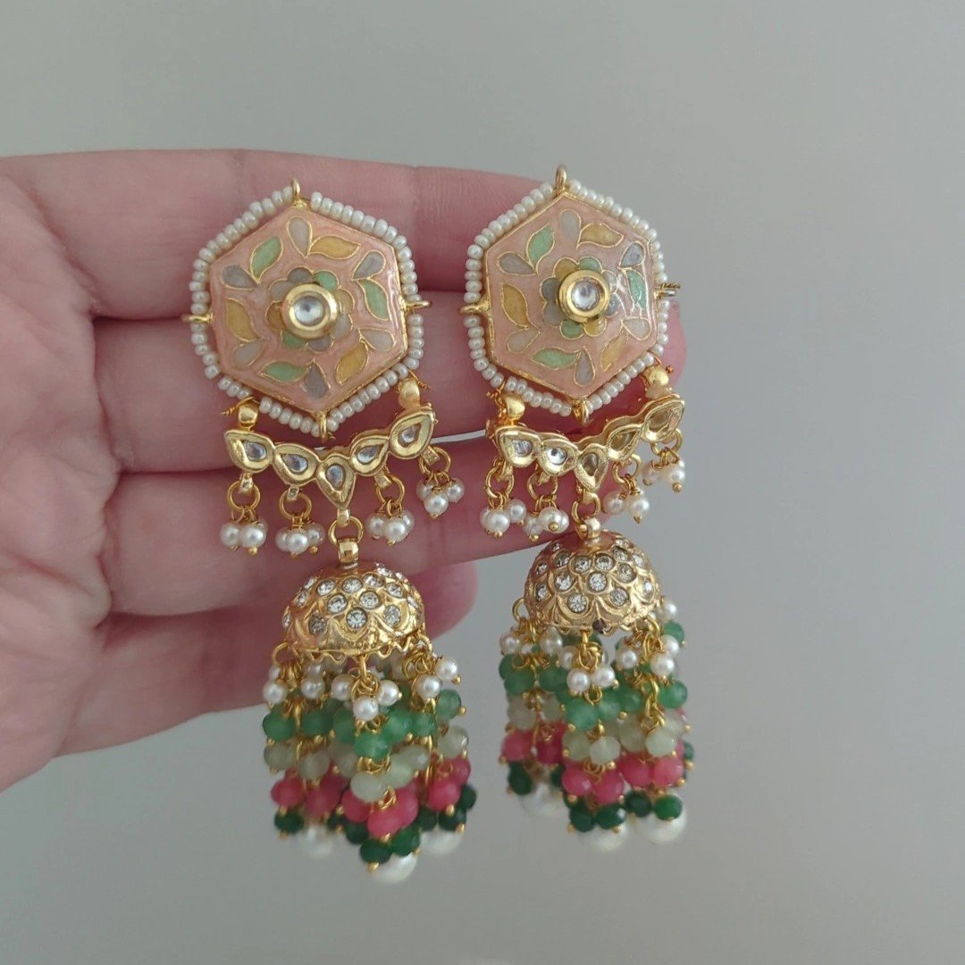 Flexible Indian Asian Peach Mint Meenakari Kundan Choker Necklace Jewellery Jewelry Set