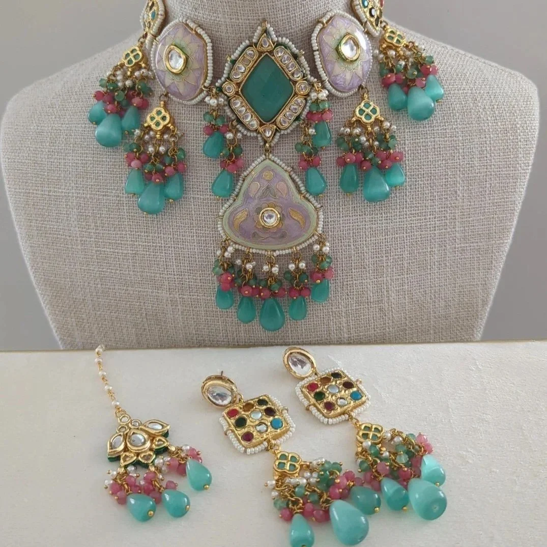 Aqua Mint Pastel Indian Asian Meenakari Kundan Choker Necklace Jewellery Jewelry Set
