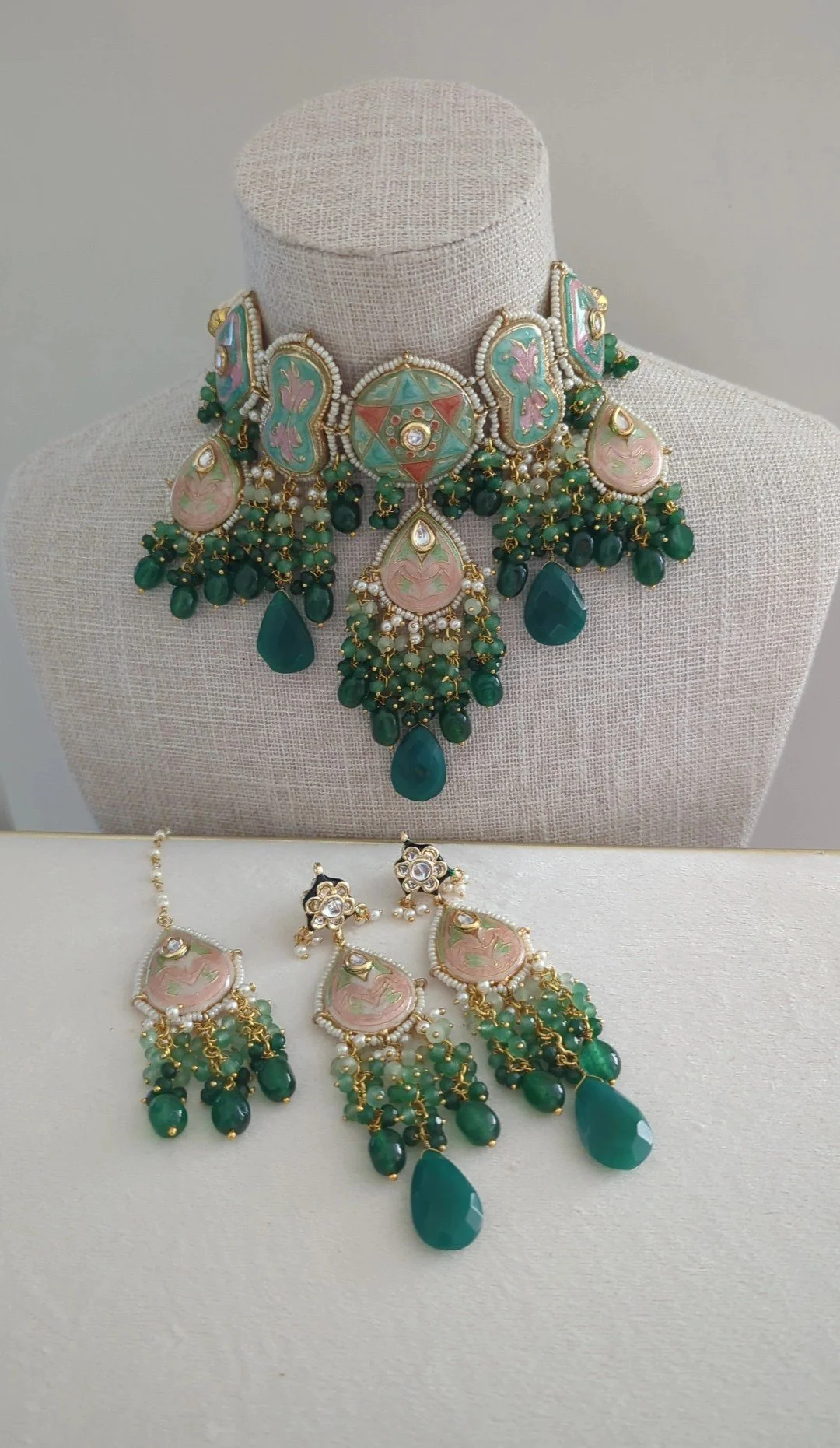 Sage Green Ocean Mint Meenakari Kundan Choker Necklace Jewellery Set