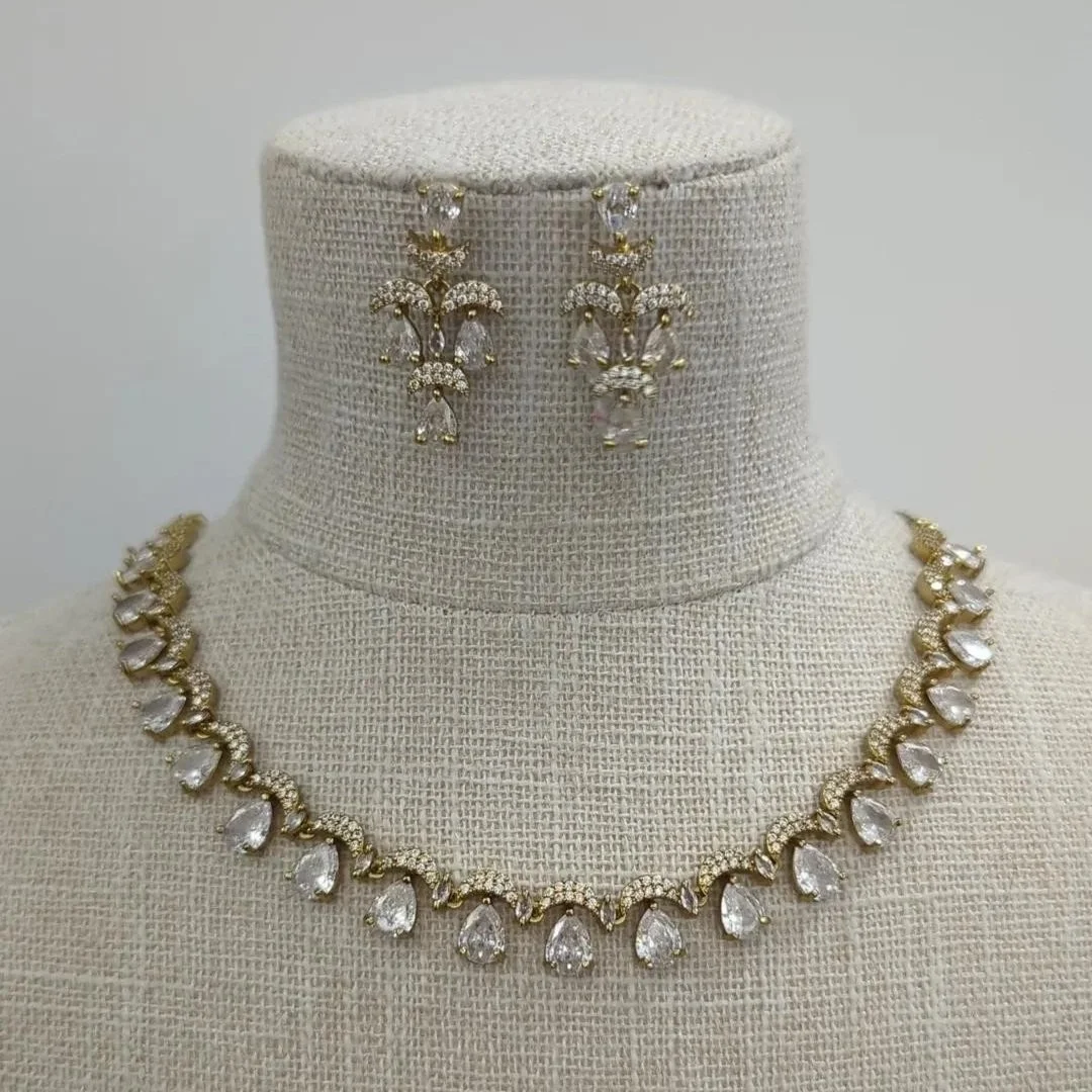 Antique Gold Silver American Diamond Neckline Indian Asian Jewellery Jewelry Set Wedding Party