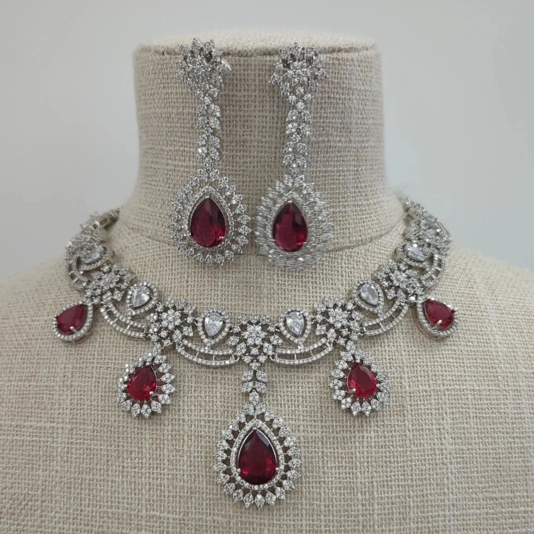 Ruby Maroon Silver American Diamond Necklace Jewellery Set Bridal Wedding Party