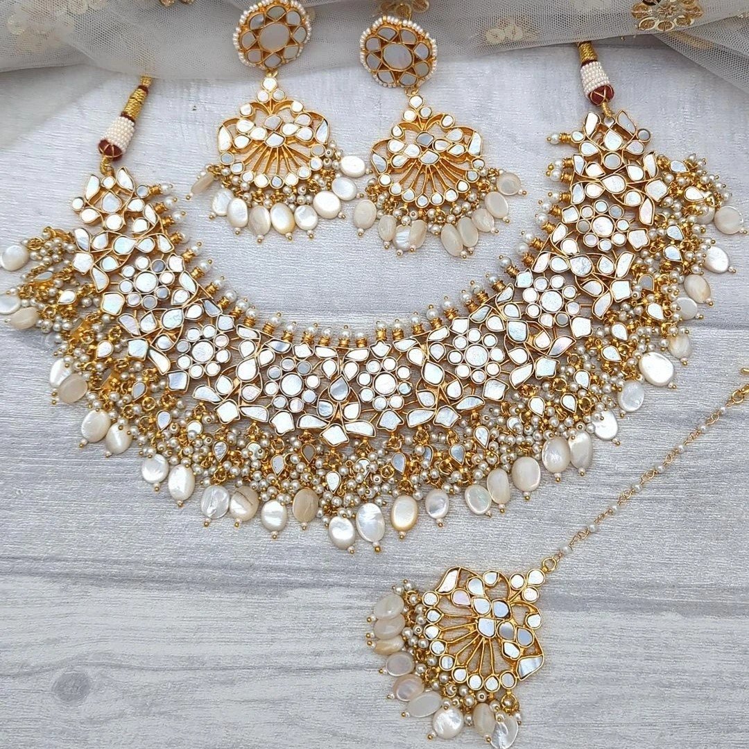 Mother of Pearl Statement Bridal Necklace Jewellery Set