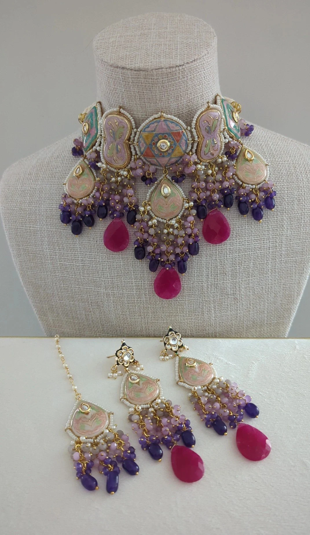 Hot Pink Purple Meenakari Kundan Choker Necklace Jewellery Set