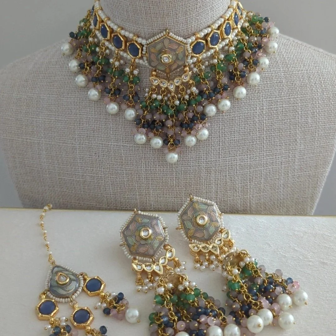 Flexible Indian Asian Blue Mint Dusty Pink Meenakari Kundan Choker Necklace Jewellery Jewelry Set