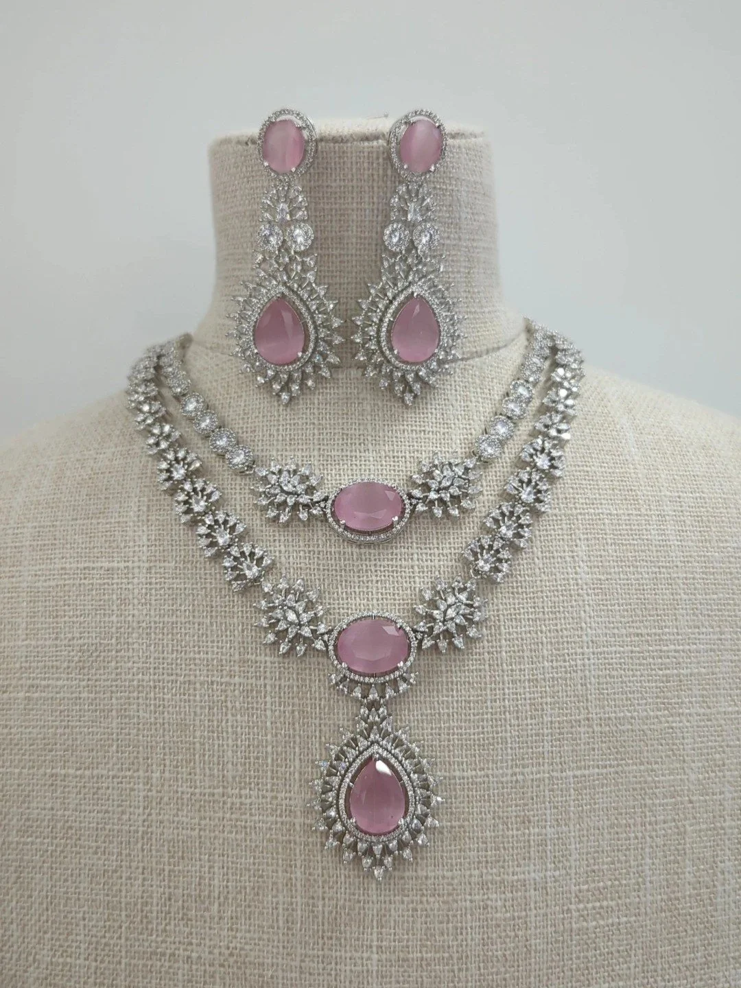 Baby Pink Silver American Diamond Indian Asian Neckline Set Wedding Party Bridal