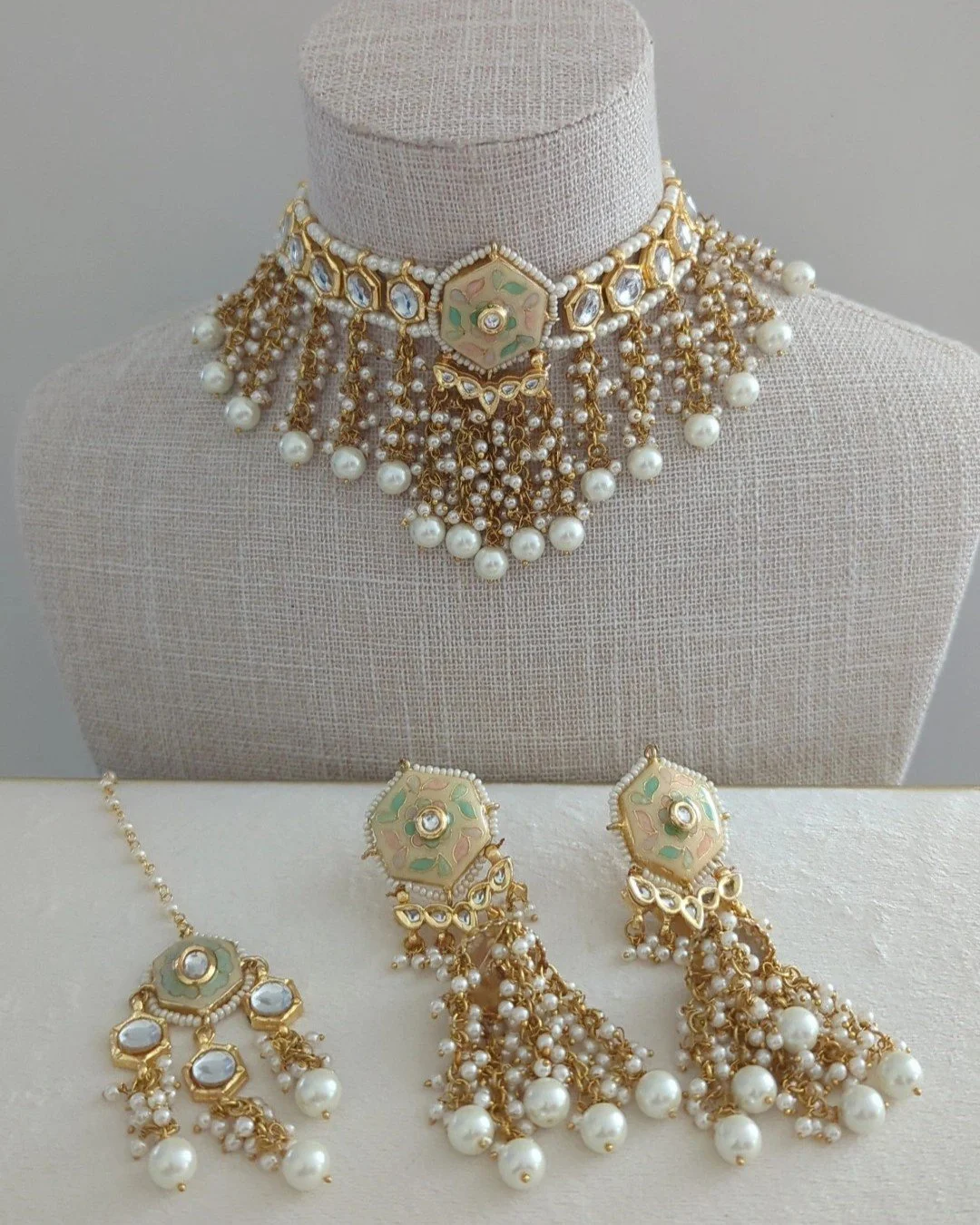 Flexible Indian Asian Pastel Ivory Meenakari Kundan Choker Necklace Jewellery Jewelry Set