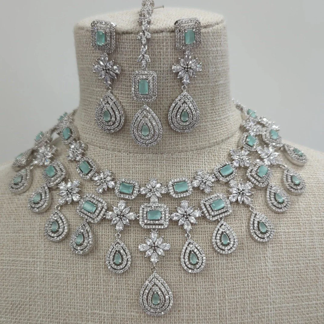Mint Silver American Diamond Necklace Jewellery Set Wedding Bridal Party