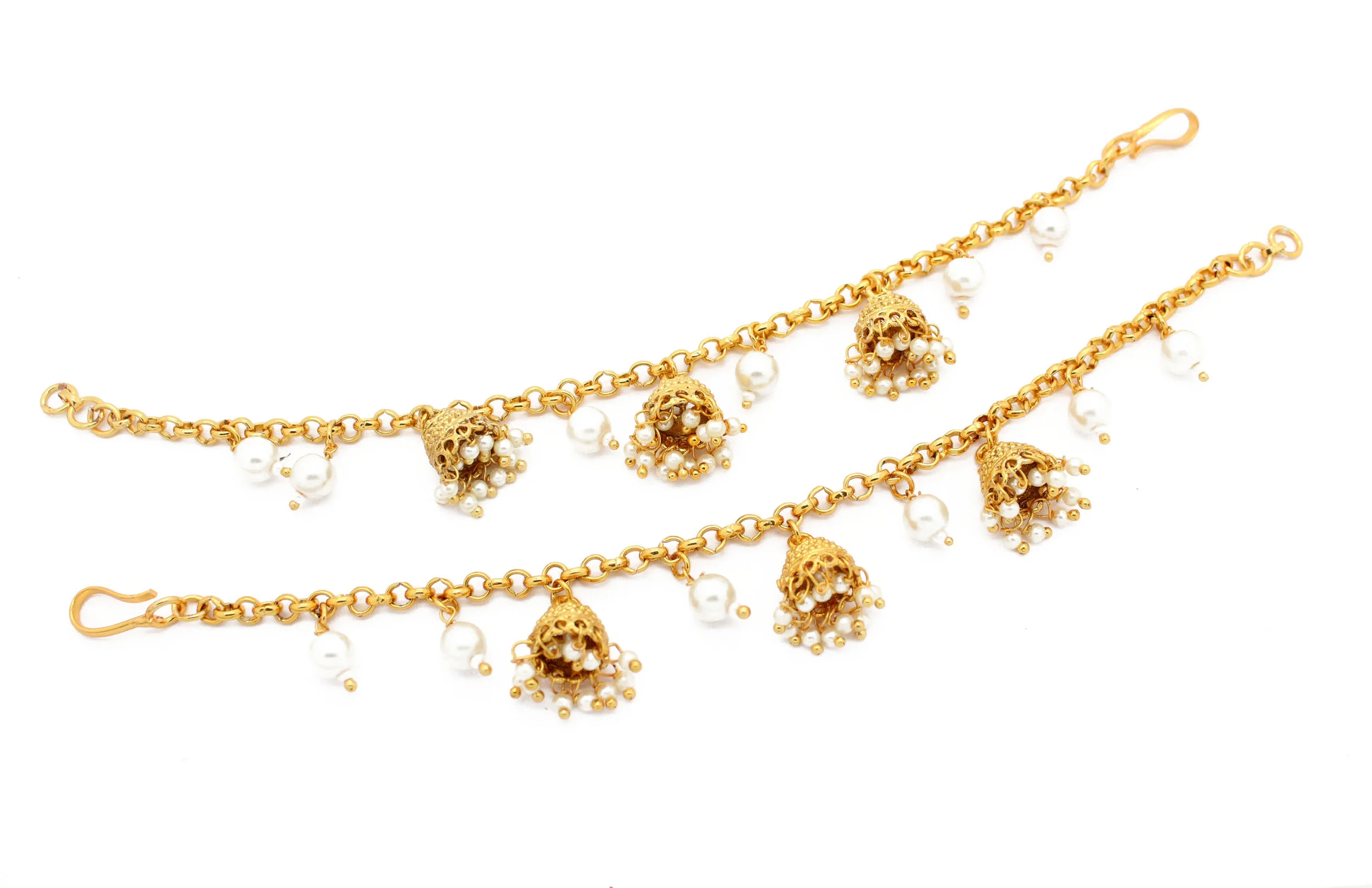 Ivory Pearl 3 Layer Jhumki Earring Support Chains Saharay