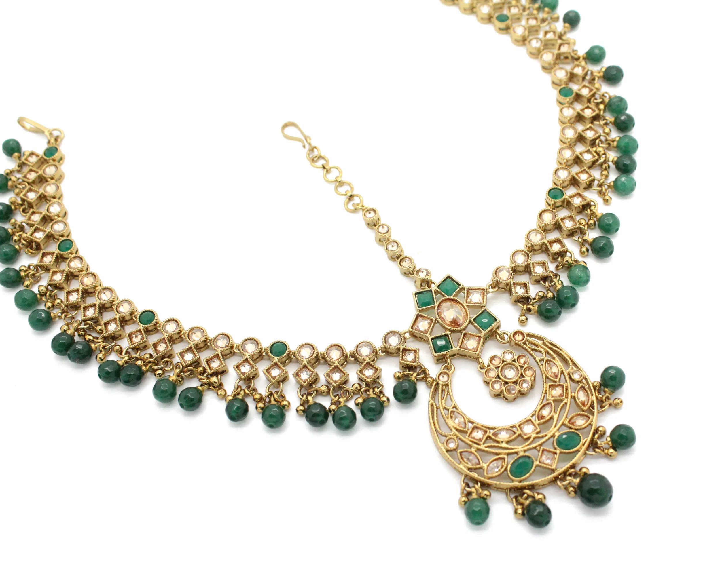 Green Antique Gold Indian Asian Pakistani Matha Patti Headpiece Head Chain