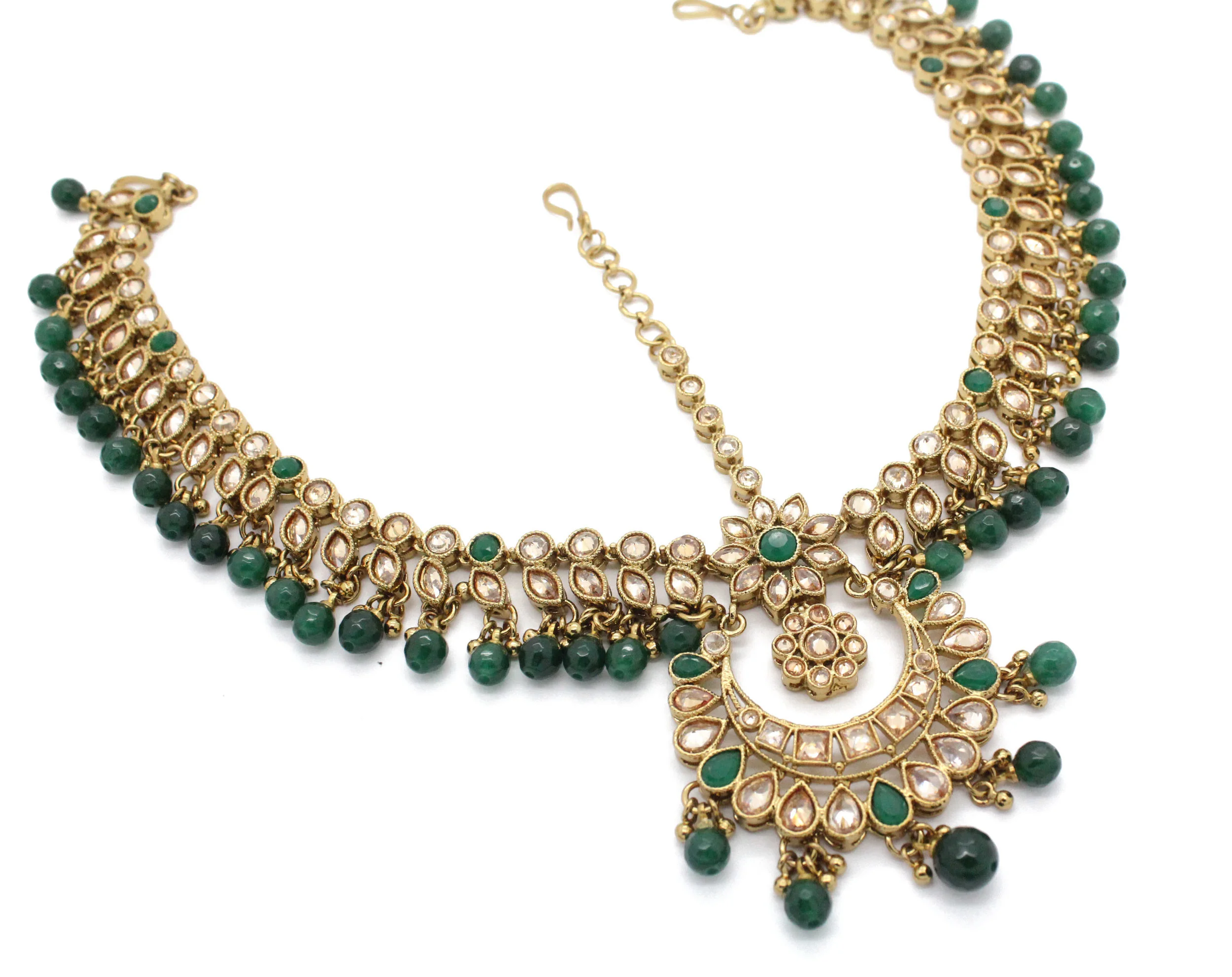 Green Antique Gold Indian Asian Pakistani Matha Patti Headpiece Head Chain