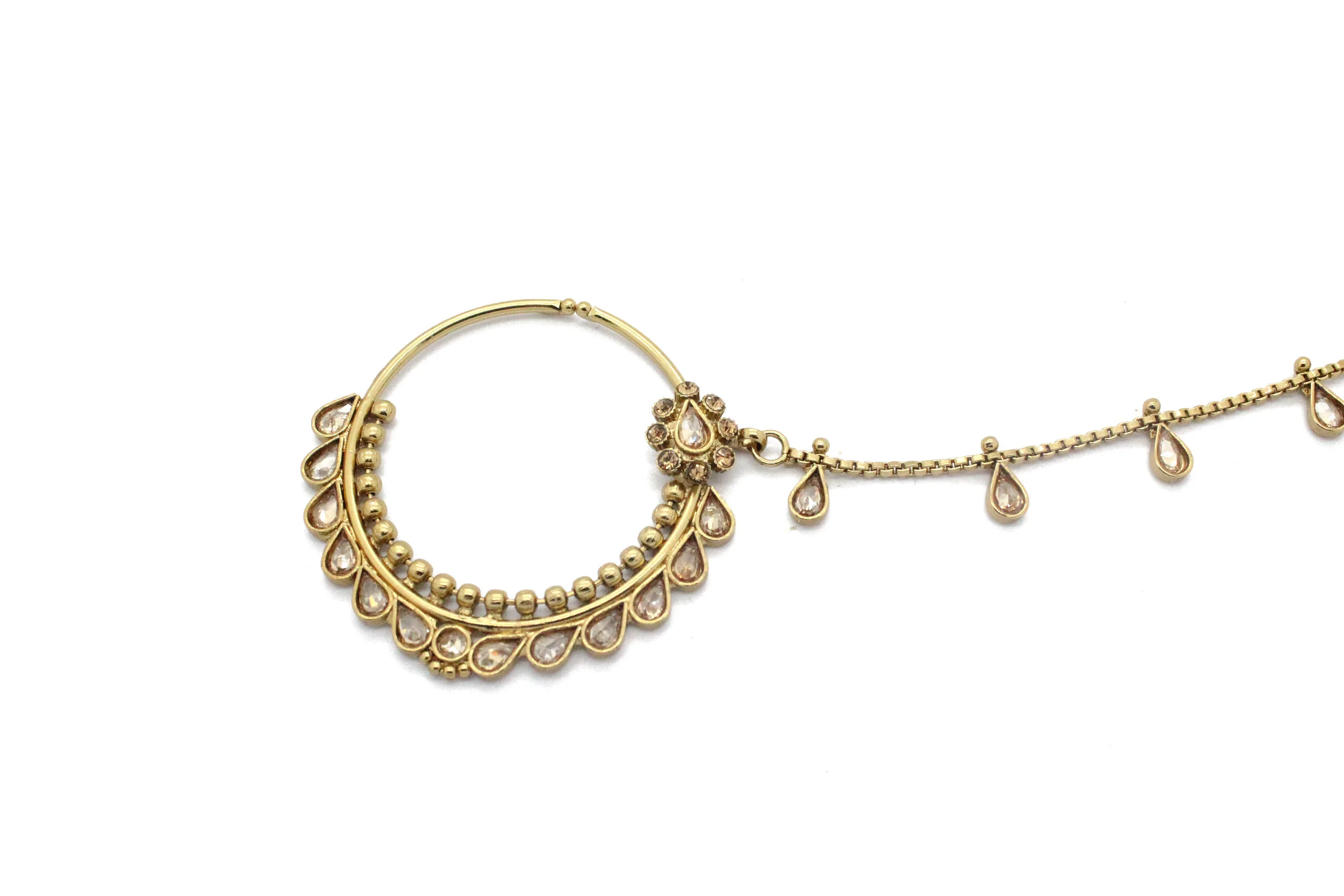 Antique Gold Indian Bollywood Padmavati Nath Nose Ring Nose Chain Piece Jewellery Jewelry 