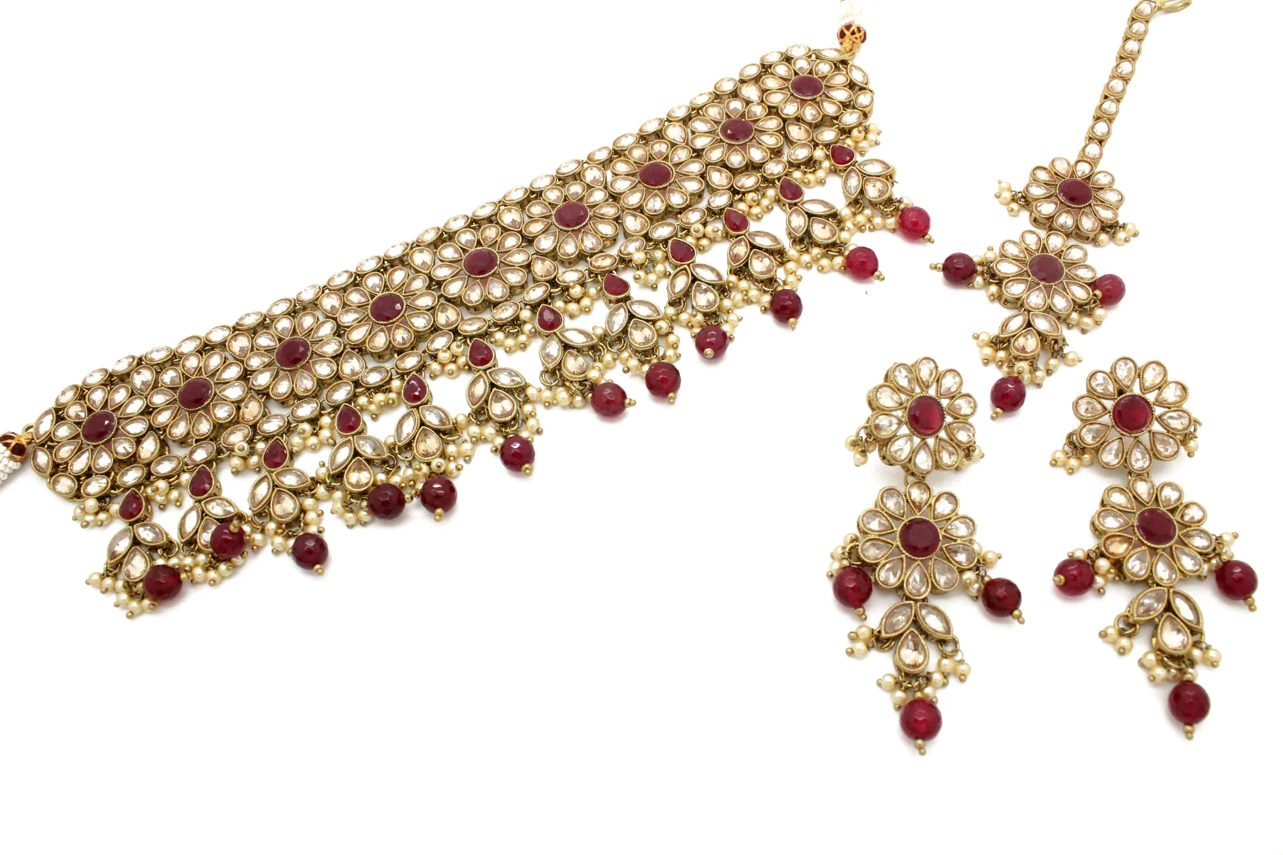 Maroon Antique Gold 'NISHANI' Choker Necklace Jewellery Set