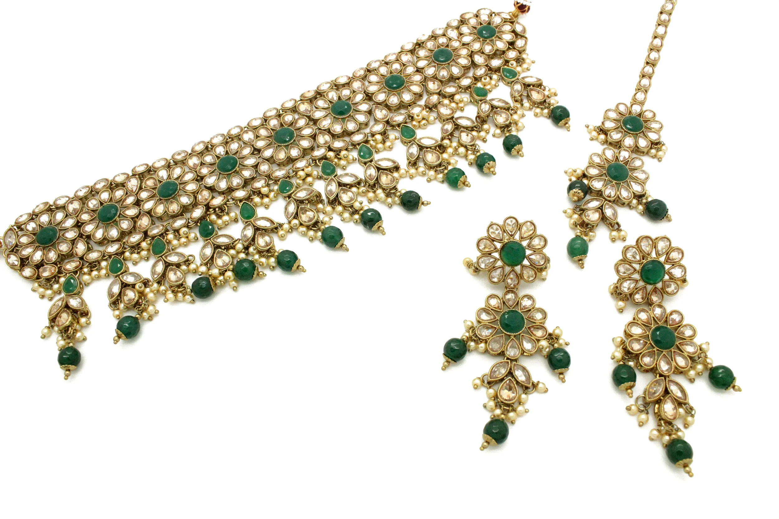 Green Antique Gold 'NISHANI' Choker Necklace Jewellery Set — Glimour