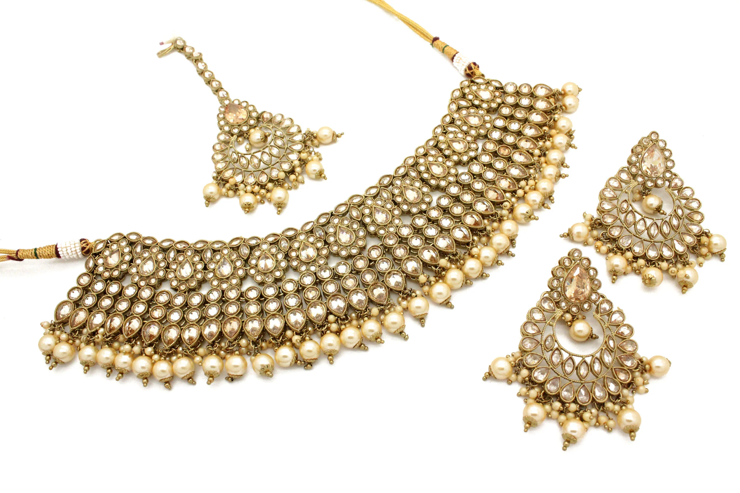 Antique Gold Kundan Stone Indian Asian Bridal Necklace Jewellery Jewelry Set 